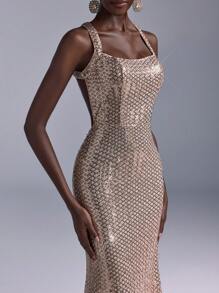 Elitara 优雅香槟色奢华亮片细肩带低领露背性感美人鱼风格正式晚礼服、派对礼服、婚礼宾客礼服、晚礼服 - 香檳色 - 查看 3