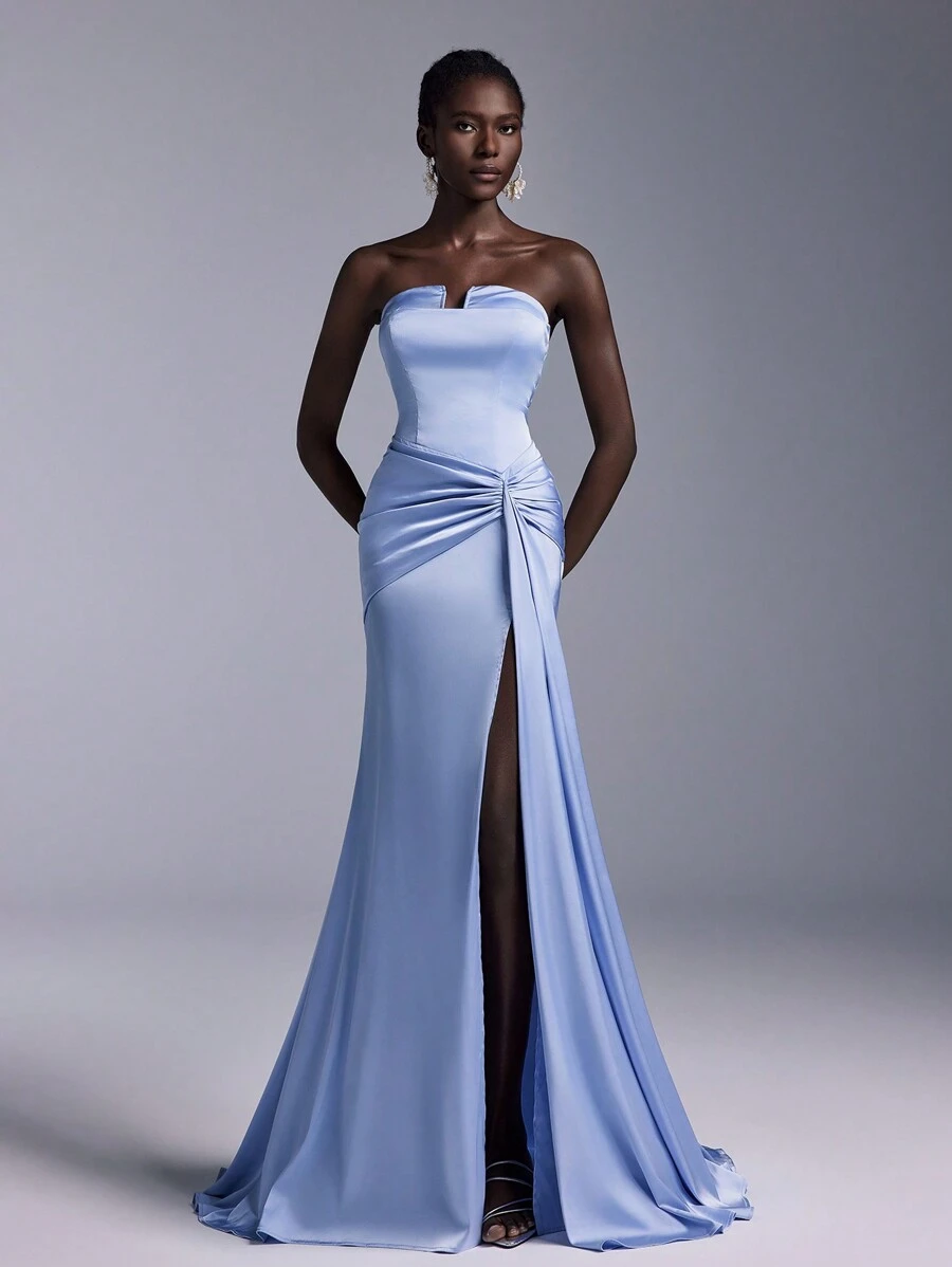 Elitara 优雅浅蓝色缎面露肩不对称 V 领扭曲鱼尾侧高开叉迷人垂坠尾部正式晚礼服、婚礼宾客礼服、派对礼服 - 淺藍色 - 查看 1