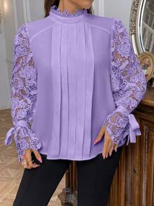 SHEIN Privé Plus Size Spring&Autumn Elegant Lace Patchwork Pleated Hollow Stand Collar Ruffle Blouse Fall - Lilac Purple - View 6