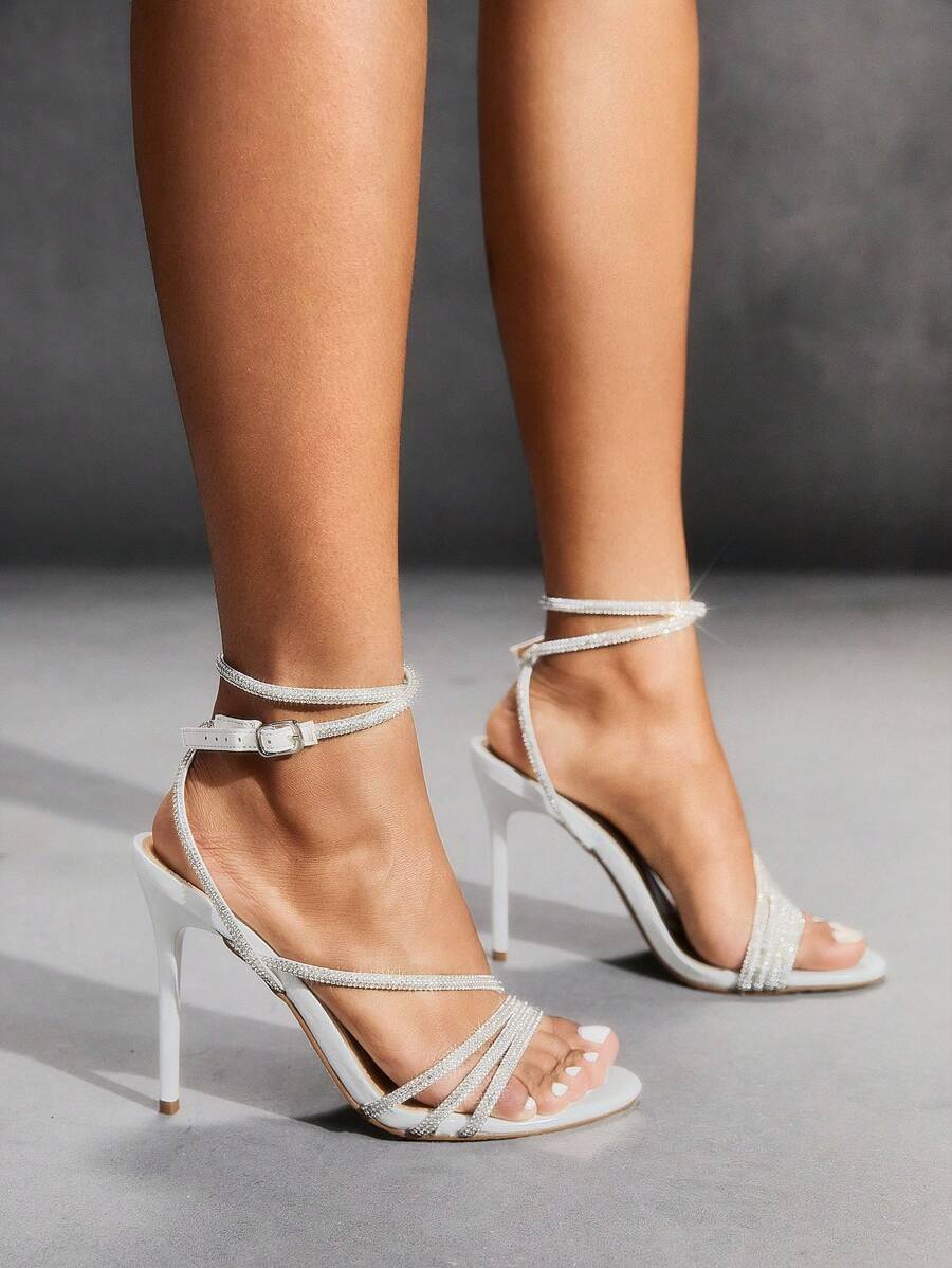 CUCCOO SZL Fashion Women White Rhinestone Ankle Strap Pointed Toe High Heel Sandals, Suitable For Holiday, Party, Wedding Spring Shoes Spring Break Easter Prom Heels - White - View 1