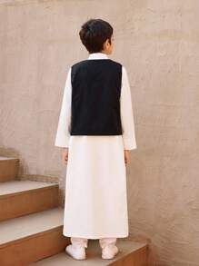 Tween Boys Patchwork Ribbon Vest And Long Sleeve Robe 2 Pieces Set - Multicolor - View 2