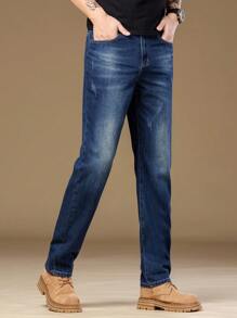 Manfinity Homme Men's Casual Straight Fit Pockets Jeans, Versatile - Medium Wash - View 3