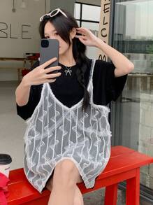 DAZY Women Round Neck Casual Lace Splicing Short Sleeve T-Shirt - Black - View 4