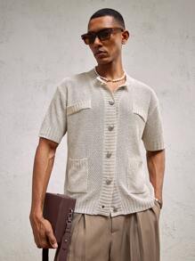 AKNOTIC Party 男士杏色针织金属纽扣宽松落肩多口袋休闲毛衣，适合日常穿着和夏季度假 - 杏色 - 查看 6