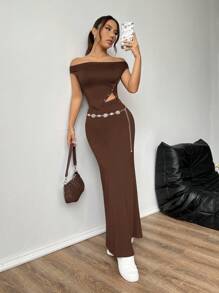 SHEIN EZwear 時尚巧克力棕色兩件式套裝：露肩上衣與長版魚尾裙，女款度假穿搭 - 摩卡棕 - 查看 4
