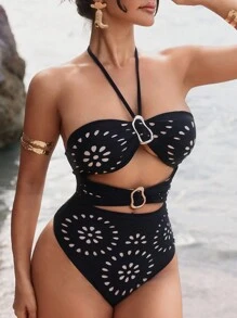 Swim SXY 女士黑色激光切割网眼连体泳衣，性感露背设计，适合海滩 - 黑色 - 查看 5