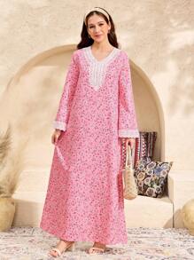 SHEIN Teen Girl Pink Ditsy Floral Robe With Ruffled Collar, Vacation/Travel, Spring & Summer - Pink - View 4