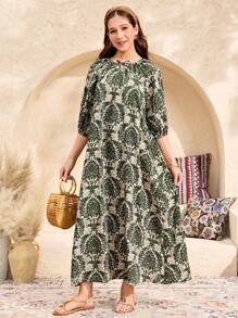 SHEIN 宽松可爱休闲校园日常圆领蝴蝶结复古印花中长连衣裙，适合少女度假春夏季 - 綠色 - 查看 5