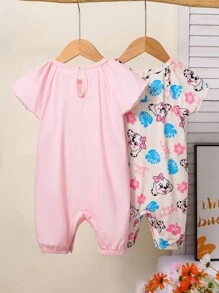 2 piezas Mono de niña bebé con estampado de perro y volantes, conjunto de ropa de verano para bebé niña primavera-verano, mono rosa de bebé niña, ropa de primavera-verano para bebé, paleta de colores de dopamina para bebés de verano - Multicolor - Ver 2