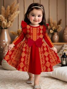 SHEIN Vestido de manga larga con estampado geométrico elegante para niña, de estilo dulce con lazo y estampado de dibujos animados, adecuado para otoño/invierno, combina con vestidos de Ramadán