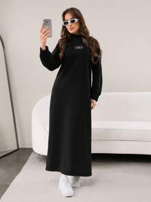 Mulvari High Collar Contrast Edge Pocket Front Print Long Sweatshirt - Black - View 6