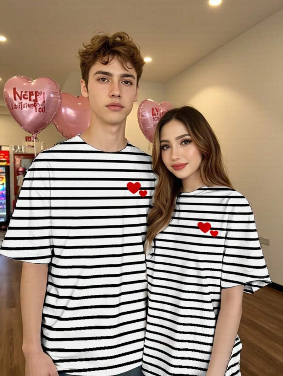 SHEIN EZwear Áo thun nữ họa tiết trái tim đỏ sọc đôi - Đen và trắng - Xem 1