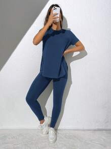 SHEIN Essnce 2 件女式休闲纯色短袖上衣和紧身裤套装 - 水鴨藍 - 查看 5