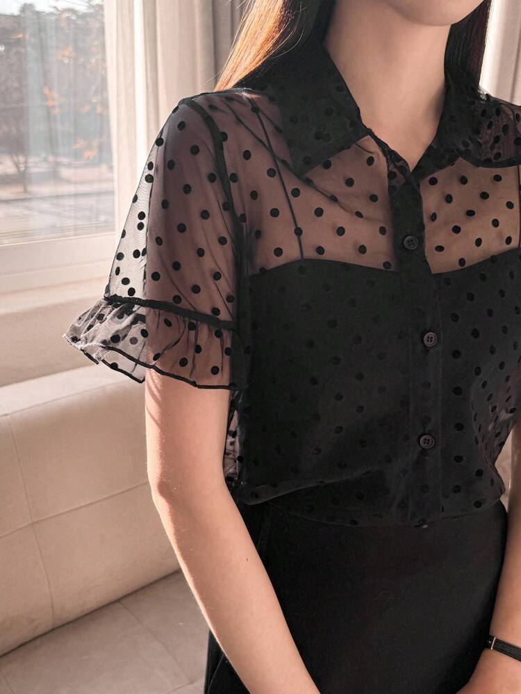 Women's Polka Dot Sheer Short Sleeve Blouse, Minimalist Fashion Casual For Daily Wear