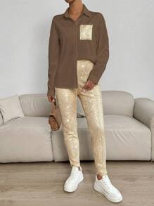 SHEIN LUNE 2pcs Women Set - Solid Color Front Button Long Sleeve Top & Pants Fall Cloth For Women - Khaki - View 6