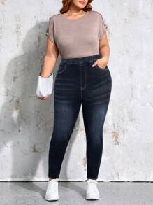 SHEIN LUNE Coolmax Plus Size Women's Elastic Waist Pocket Skinny Casual Denim Jeans - Dark Wash - View 7