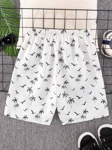 SHEIN Teen Boys White Printed Beach Shorts/Swim Trunks, Perfect For Beach Party, Music Festival, Summer Swimming, Surfing, And Spa