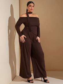 SHEIN BAE Plus Size Women Brown Cold Shoulder Top With Pointed Hem And Skinny Straight-Leg Pants Set, Minimalist Two-Piece Outfit, Suitable For Summer/Spring Seasons, Occasions Like Valentine's Day, Carnival, Beach, Vacation, Back To School