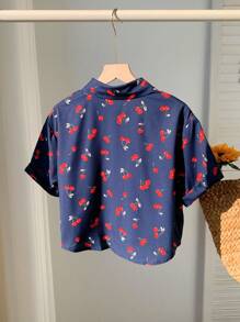 Comfortcana Camisa Solta de Manga Curta Casual com Estampa de Cereja Feminina, Verão Férias - Azul Royal - Visão 2