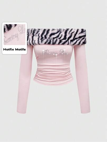 J-Fashion Top da donna aderente con stampa in patchwork di pelliccia sintetica a motivo zebrato, decorato con strass, stile subcultura di Shibuya, adatto per San Valentino
