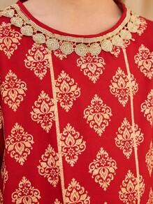 Tween Girl Gold Foil Floral Print Long Sleeve Top And Pants 2 Pieces Set - Red - View 4