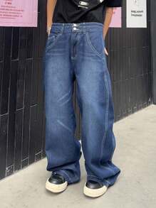 Manfinity CasualKnits Men's Casual Loose Washed Wide Leg Jeans - Dark Wash - View 3