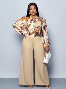 SOLERSUN "Plus Size Women's Fashion Bowknot Long Sleeve Shirt And Long Loose Wide Leg Pants Set For Everyday Casual Wear, Vacations, Picnics, Dates, Music Festivals, Valentine's Day, Graduation Season, Parties, Etc " Fall Cloth For Women - Apricot - View 1