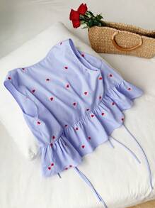 Comfortcana 夏季 Boohoo 女士心形图案前领带蓝色条纹编织衬衫情人节款