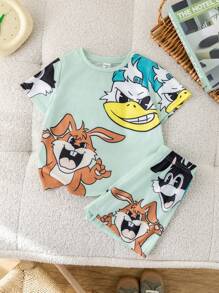 Set van 2 stuks met casual, comfortabele, stijlvolle T-shirts en shorts voor jongens met groot konijnenpatroon, geschikt voor het voorjaar en de zomer.