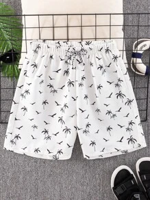 SHEIN Teen Boys White Printed Beach Shorts/Swim Trunks, Perfect For Beach Party, Music Festival, Summer Swimming, Surfing, And Spa