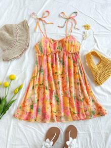 Soleia 编织印花细肩带女式迷你连衣裙休闲装度假网纱连衣裙女式春季服装碎花连衣裙女式太阳裙 - 黃色 - 查看 7