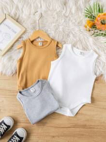 SHEIN Leap Crew 3pcs Set Baby Boys Bodysuit, Sleeveless Solid Color Knitted Open Crotch Bodysuit - Multicolor - View 6