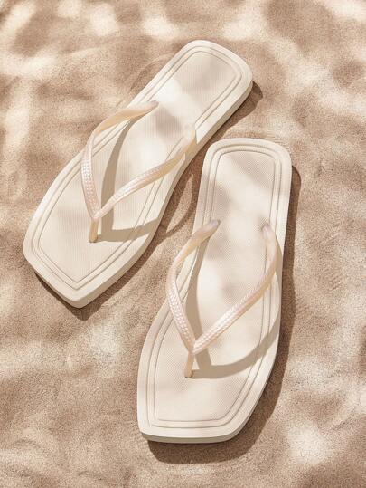 Apricot Minimalist Comfortable Square Toe Flat Thong Sandals, Casual Outdoor & Home Wear Spring Shoes Spring Break Easter For Casual Beach Style For Christmas