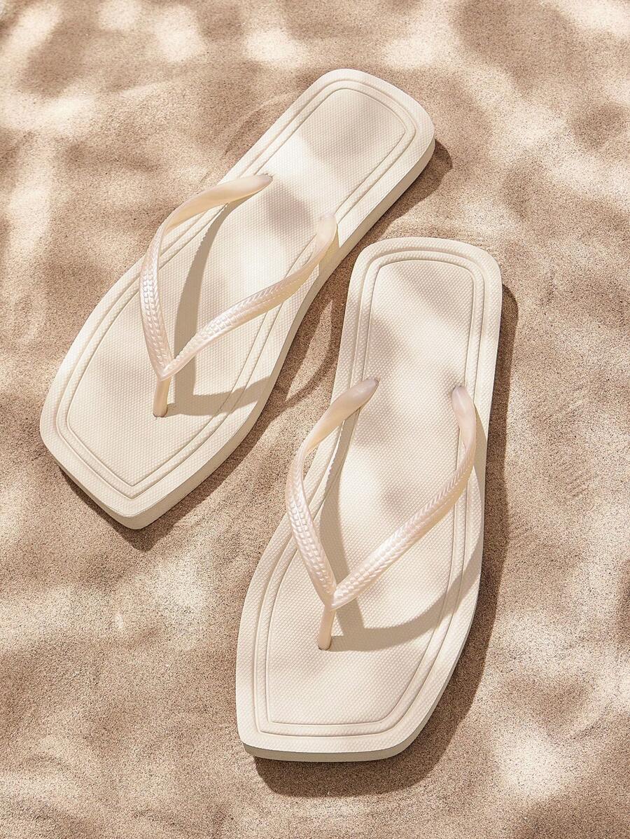 杏色简约舒适方头平底人字凉鞋，休闲户外和家居服装 - 杏色 - 查看 1