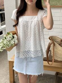 DAZY 女士和女孩休闲无袖蕾丝拼布衬衫娃娃装上衣 - 白色 - 查看 3