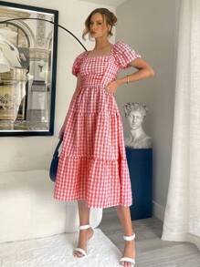 SHEIN Essnce Women's Puff Sleeve Mid-Length Dress, Blue And White Check Hawaiian Dress Flowy Dress Country Dress Summer Women Dresses - Red and White - View 4