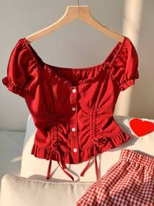 Comfortcana Women's Solid Color Ruffled Short Puff Sleeve Single-Breasted Drawstring Blouse, Valentine's Day Gifts