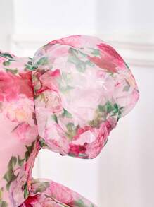 SHEIN Baby Girl Elegant Floral Print Organza Short Sleeve Dress, Summer - Pink - View 4