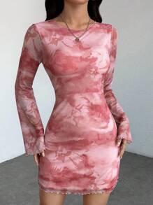 SHEIN PETITE Váy ngắn hở lưng in họa tiết màu hồng mùa hè dành cho nữ, thích hợp cho các bữa tiệc, lễ hội và các dịp khác. - Hồng - Xem 2