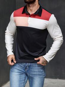 Manfinity Homme Men's Casual Daily Wear And Vacation Attire, Featuring An INS-Style Long-Sleeve Polo Shirt, Vintage Creative Polo Shirt In Color-Blocked Black, White, Red, And Khaki Prints. This Shirt Includes A Button Placket And Is Suitable For Refreshing Top In All Seasons. It's Perfect For Hawaiian Beach Vacation And Great For Couple Looks, Making It An Excellent Gift Idea For Boyfriends Or Husbands - Multicolor - View 6