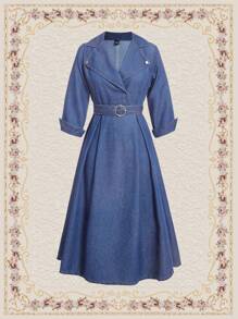 Vintamour 复古翻领收腰 3/4 袖女式牛仔中长连衣裙，深牛仔蓝 - 中等水洗藍 - 查看 1