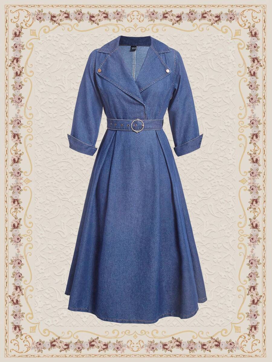 Vintamour 复古翻领收腰 3/4 袖女式牛仔中长连衣裙，深牛仔蓝 - 中等水洗藍 - 查看 1
