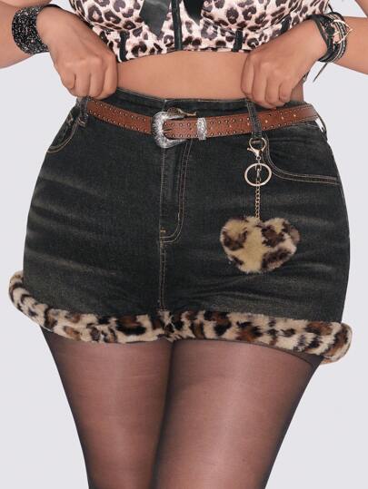 J-Fashion Pantaloncini in denim a patchwork con decorazione a cuore leopardati, stile y2k gyaru himekaji harajuku, taglie comode