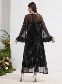 Modelyn 2 件套女士优雅派对亮片网眼流苏装饰喇叭袖长外套和露背连衣裙套装 - 黑色 - 查看 4