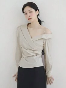 DAZY 女式不对称肩长袖收腰衬衫，秋季服装 - 灰色 - 查看 4