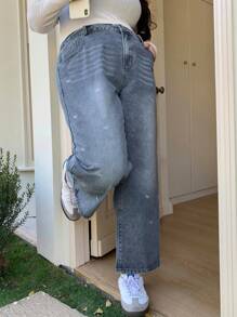 Dazy Plus 蝴蝶结刺绣修身直筒休闲牛仔裤，适合所有季节 - 藍色 - 查看 5