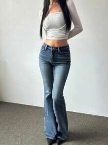 DAZY Women's Casual Distressed Slim Fit Flare Leg Jeans Low Rise Jeans - Medium Wash - View 3