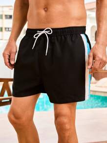Surfspeed Men's Side Striped Drawstring Waist Loose Beach Shorts - Black - View 3