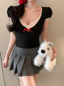 DAZY Women V-Neck Lace Patchwork Contrast Color Short Sleeve T-Shirt Cute Tops - Black - View 8