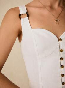 Poéselle Women's Elegant White Summer Linen Camisole,Solid Color Single-Breasted Circular Buckle Strap Crop Top,Boho Brunch Tops - White - View 3